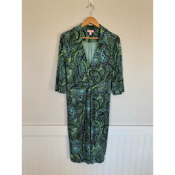 Lilly Pulitzer Blayney Silk Dress Blue Green Paisley Print Pockets Size 14 - Picture 4 of 7